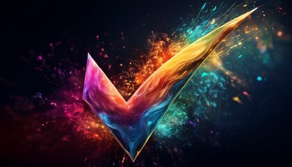Poster - A vibrant, colorful design features a stylized “V” shape surrounded by bursts of color, creating an energetic and dynamic visual effect.