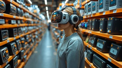 Poster - A woman experiences virtual reality in a tech store aisle filled with gadgets and devices