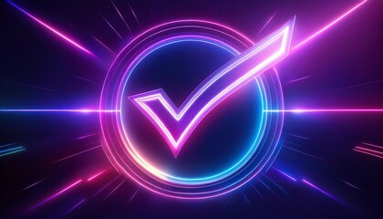 Poster - A vibrant, illuminated checkmark symbolizes approval and success, surrounded by glowing circular and linear elements in a dynamic digital aesthetic.