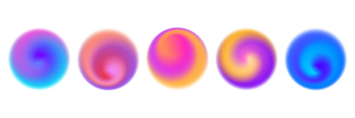 Poster - Bright colorful swirl gradient set. Round blur vortex background collection. Iridescent radial blurry shape pack for poster, banner, leaflet, brochure. Vector neon fading circular aura element bundle