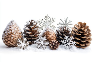 Sticker - Snow-covered pinecones and snowflakes create a winter wonderland on a bright white background capturing the essence of the season