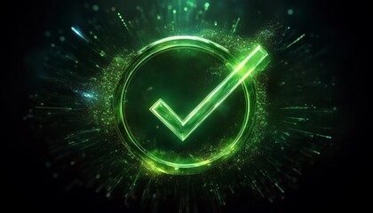 Poster - A glowing green check mark surrounded by sparkles on a dark background, symbolizing success or confirmation.
