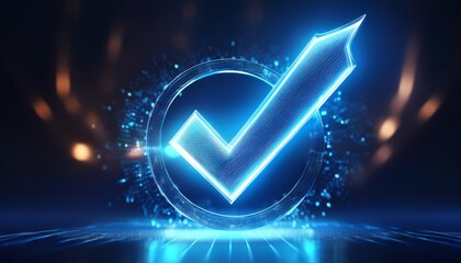 Poster - A glowing blue checkmark symbolizing approval or confirmation within a futuristic digital environment.