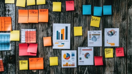 Poster - Colorful Sticky Notes and Graphs on Wooden Surface