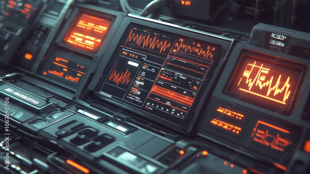 Futuristic control panel with glowing displays and data visualizations ...