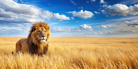 Wheat lion standing in a golden wheat field under a blue sky, wheat, lion, field, sky, nature, animal, wild, grass