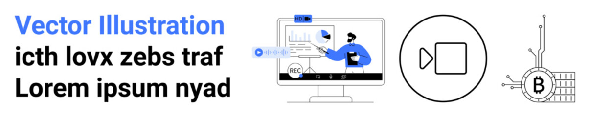Desktop monitor displaying data analytics, a blockchain circuit, and a video play icon. Ideal for technology, finance, education, marketing, business presentations, software development, and data
