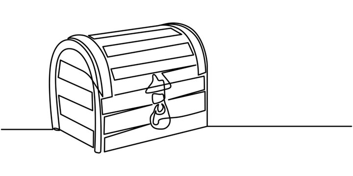 Treasure chest in continuous one line art style. Simple vector illustration, Open empty treasure chest one line continuous. Line art chest. Vector illustration, Treasure chest one line continuous.