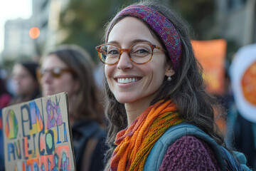 a group holding signs promoting peace and diversity at a rally.