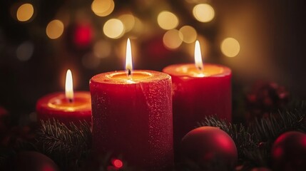 Sticker - A warm arrangement of golden and red candles glowing softly on a dark background for a festive occasion