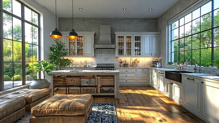 Poster - Bright, spacious kitchen with large windows and a cozy seating area in a sunlit home