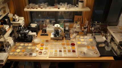 Poster - Laboratory Workbench with Petri Dishes and Equipment