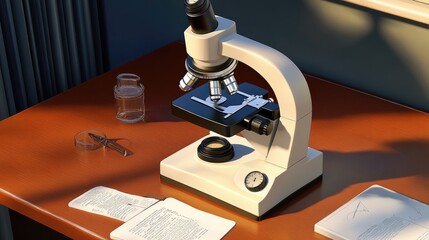 Poster - laboratory microscope on wooden table with documents