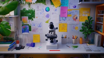 Poster - Scientific Workspace with Microscope and Creative Notes