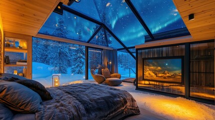 luxury glass igloo hotel under the northern lights with modern scandinavian design, cozy interior, a