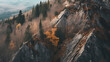 © MatandSterre - Stunning aerial view of rocky cliffs adorned with autumn foliage, featuring vibrant orange trees amidst lush greenery and misty mountains in the background, perfect for nature enthusiasts.