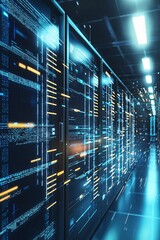 Poster - A computer server room with a blue background and orange and yellow lines
