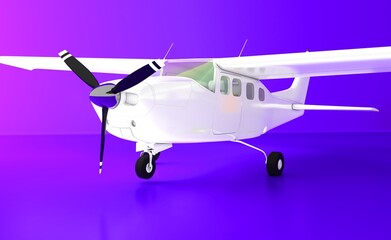 Small propeller airplane in purple background. Isolated small airplane over blue background	
