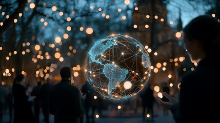 Poster - People Observing a Digital Globe Surrounded by Data Connections and Light