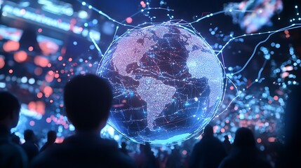 Poster - People Observing a Digital Globe Surrounded by Data Connections and Light