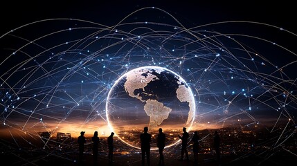 Poster - People Observing a Digital Globe Surrounded by Data Connections and Light