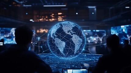 Poster - People Observing a Digital Globe Surrounded by Data Connections and Light