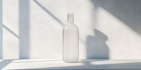 Poster - Frosted Glass Bottle in Sunlit Window: A frosted glass bottle stands tall against a backdrop of sunlight streaming through a window, casting long, intricate shadows on the white wall.