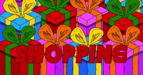 Poster - Cartoon Gift Box background with Shopping text. Colorful boxes falling down on black background.