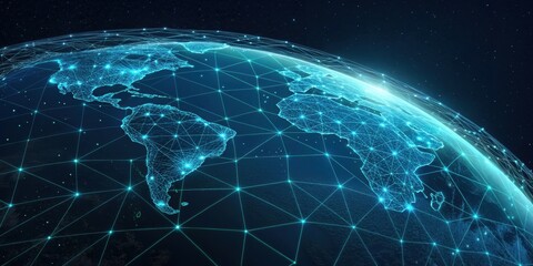 A digital representation of the globe connected by glowing lines and dots, symbolizing global connectivity and communication.