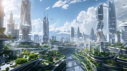 Wall Mural - futuristic cityscape with green spaces and skyscrapers