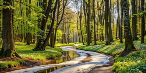 Wall Mural - Lush spring forest with a winding path and patches of melting snow , spring, forest, landscape, nature, trees, path, trail