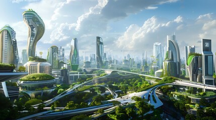 Wall Mural - futuristic eco-city with green architecture and sky bridges