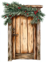 Wall Mural - cheerful watercolor style winter cabin door adorned with evergreen branches and red berries, evoking warm holiday spirit. Perfect for seasonal decor