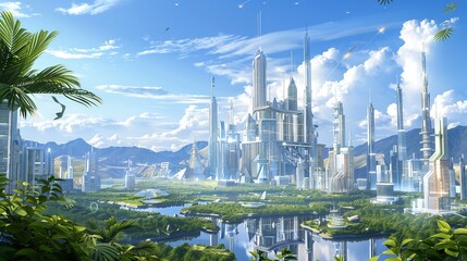 Wall Mural - futuristic cityscape with a river and lush greenery