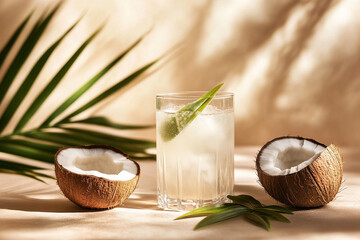 Wall Mural - A glass of coconut water with coconuts and green leaves on the table