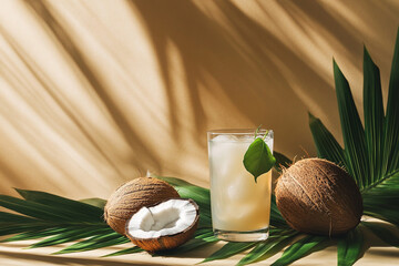 Wall Mural - A glass of coconut water with coconuts and green leaves on the table