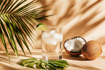 Wall Mural - A glass of coconut water with coconuts and green leaves on the table