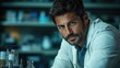 © Songtum - Bearded scientist in a white lab coat looking focused and confident in a modern laboratory, surrounded by scientific equipment and lab tools.