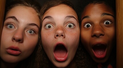 Surprised Teens Looking Out from Behind a Door