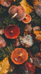 Wall Mural - Vibrant Autumn Mushrooms Close-Up of Red and Orange Forest Fungi with Dew-Kissed Leaves