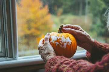 Wall Mural - Elderly Woman Painting Pumpkin by Sunlit Autumn Window in Cozy Rustic Setting