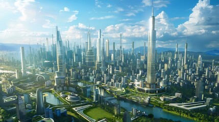 Wall Mural - futuristic cityscape with lush greenery and skyscrapers