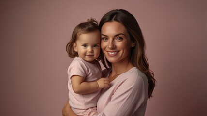 Happy mom with her child girl wears casual clothes over a pink background