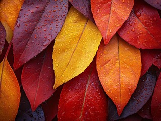 Canvas Print - Vibrant Close-Up of Dew-Covered Autumn Leaves Showcasing Fall Colors and Natural Textures