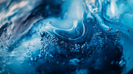 Poster - Dynamic blue water swirling with bubbles in an abstract close-up view