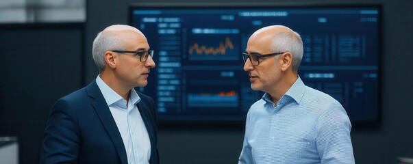 Poster - Two business professionals engage in conversation in a modern office, with data analytics displayed on a large screen behind them.