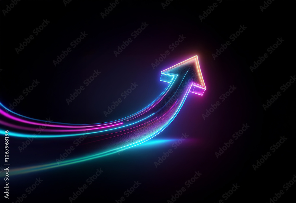 A vibrant neon arrow pointing upwards, symbolizing progress and growth ...