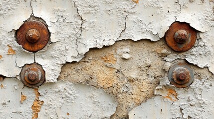 Sticker - Rusty bolts sticking out of peeling white paint on a concrete wall.