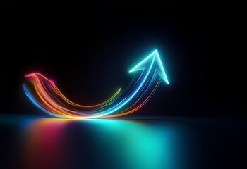 Aufkleber - A vibrant neon arrow, with a rainbow-like gradient, points upwards, casting a reflection on a dark surface.