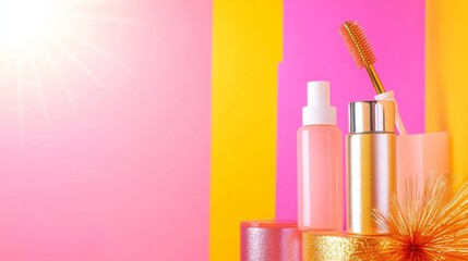 Poster - Modern Skincare Aesthetic Vibrant Pastel Composition with Minimalist Bottles and Bold Colors